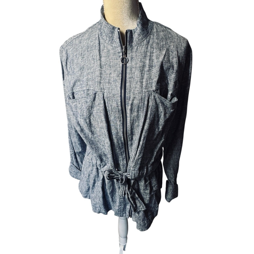 Calvin Klein Y2K Chambray Jacket L  Belted Linen rayon zip‎ up tie waist utility
